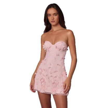 Damen Cocktailkleid Schulterfrei Florale 3D-Applikationen