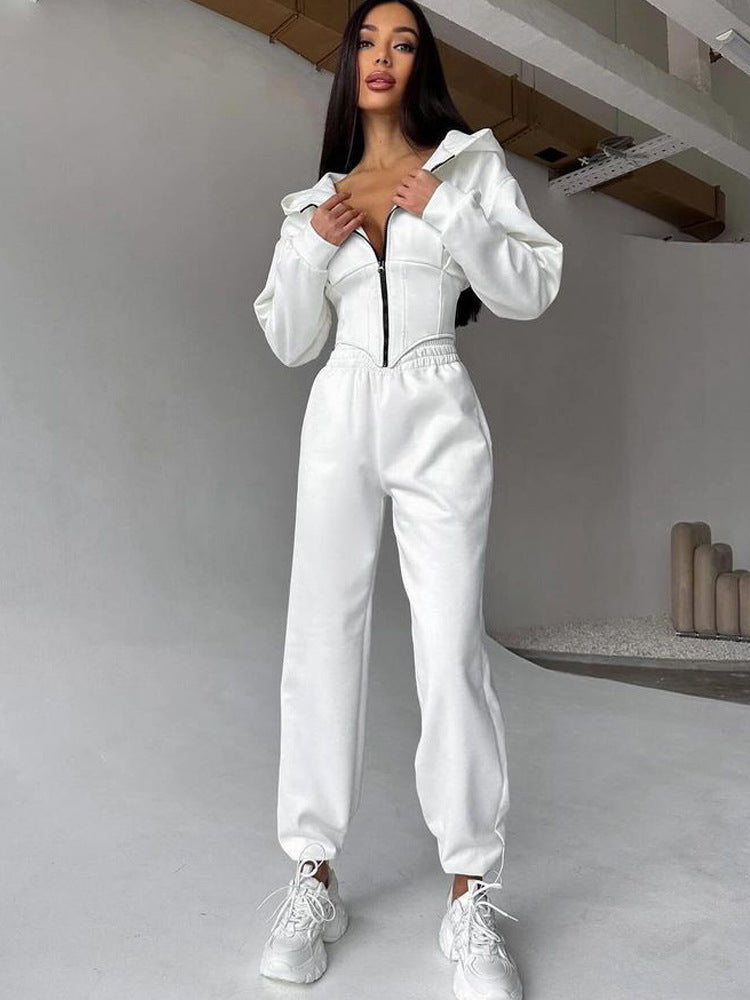 Damen Jumpsuit Tailliert Sportliche Kapuze Norvielle