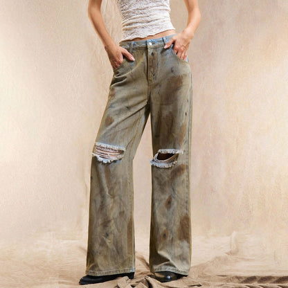 Damen Weite Jeanshose Distressed Details