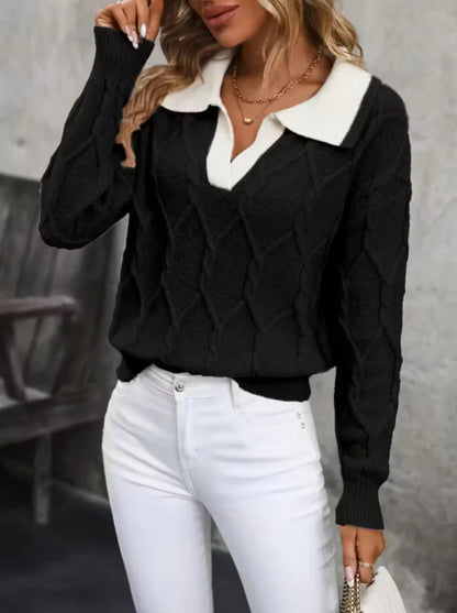 Damen Strickpullover Klassischer Polokragen Rautenmuster