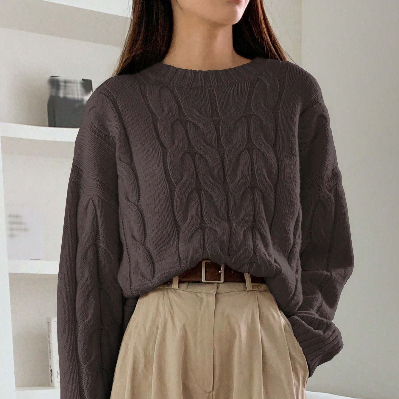 Damen Grobstrickpullover Zopfmuster Weites Modell Norvielle
