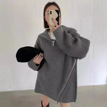 Damen Strickpullover Hochkragen Reißverschluss Beige - Norvielle