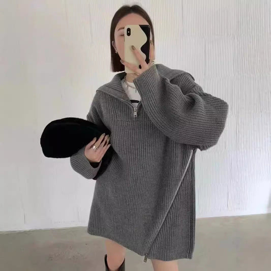 Damen Strickpullover Hochkragen Reißverschluss Beige - Norvielle