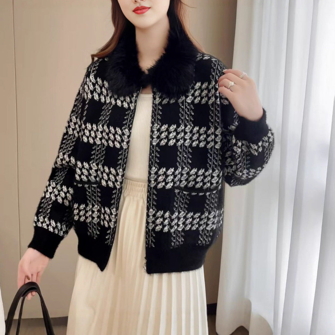 Damen Strickjacke Kunstfellkragen Norvielle