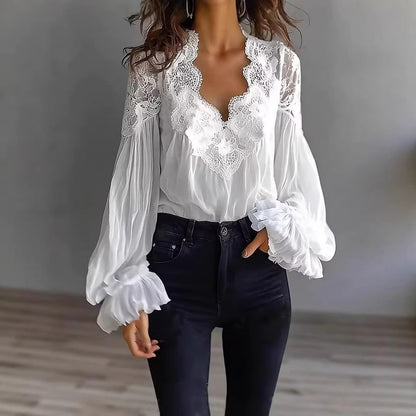 Damen Spitzenbluse Voluminöse Ärmel Florale Muster Weiß