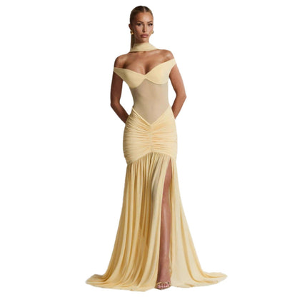 Damen Maxikleid Schulterfrei Raffung Norvielle