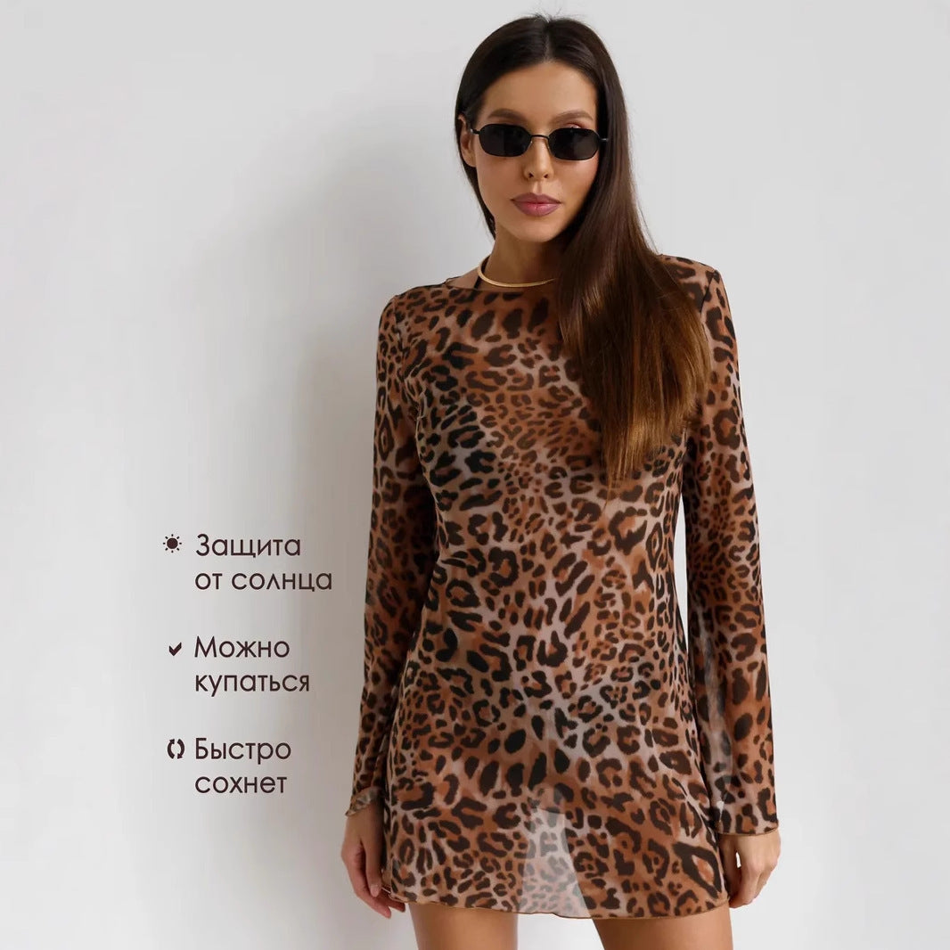 Damen Strandkleid Langarm Zebraprint