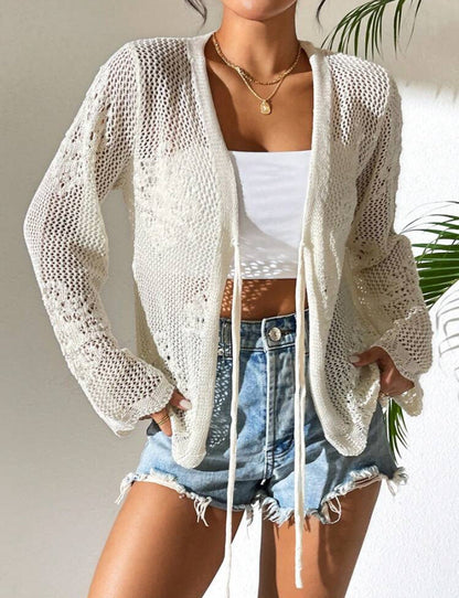 Damen Strickjacke Häkelstruktur Bindeverschluss Beige