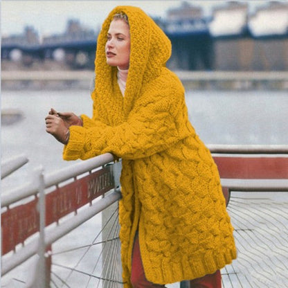 Damen Grobstrick-Cardigan mit Kapuze und Muster