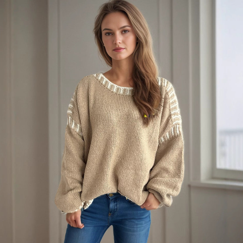 Damen Grobstrickpullover Lässiger Schnitt Gestreifte Ärmel Norvielle