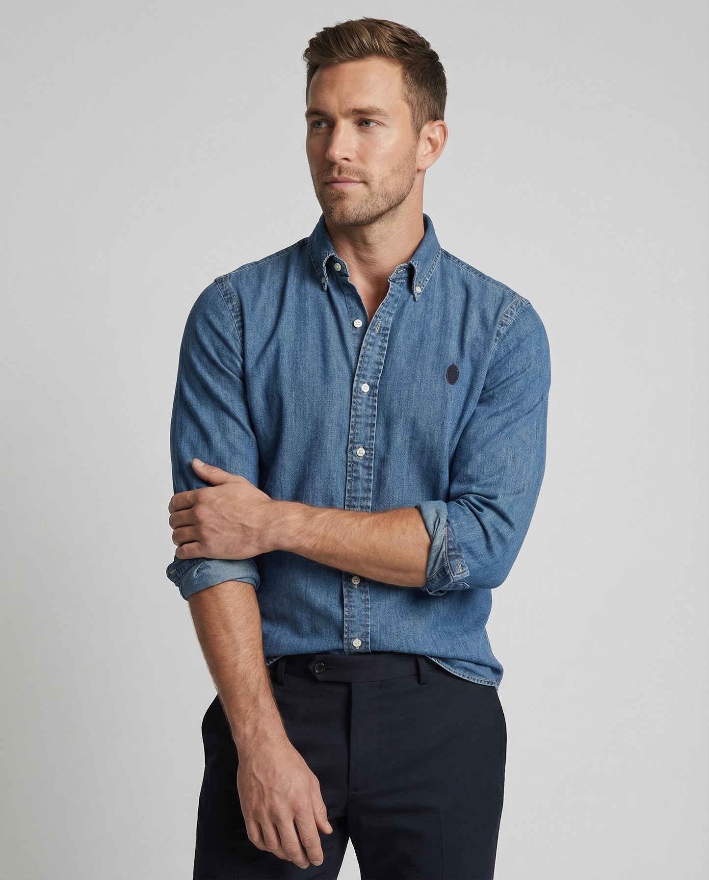 Herren Langarmhemd Denim Jeans Kentkragen
