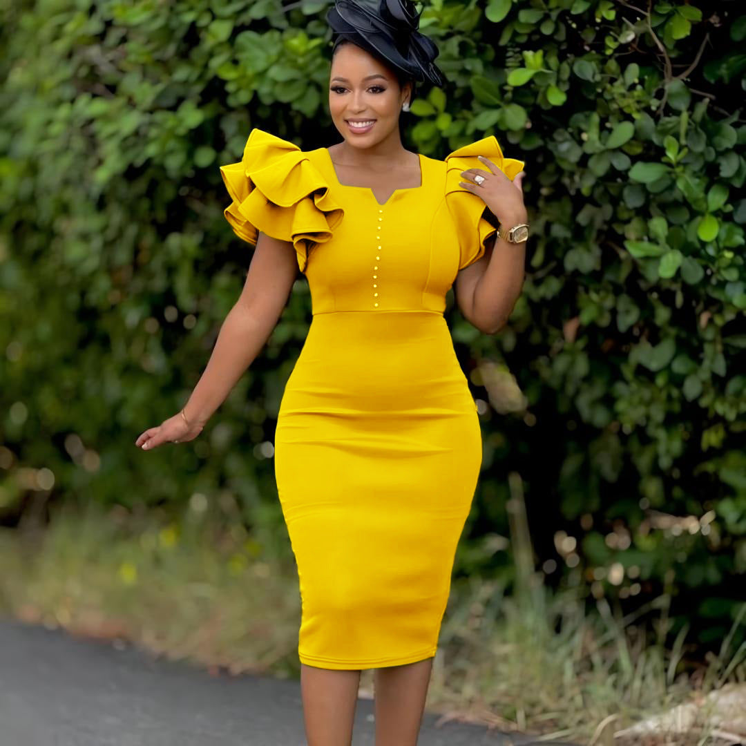 Damen Midi-Kleid Voluminöse Rüschen Perlendetails Norvielle