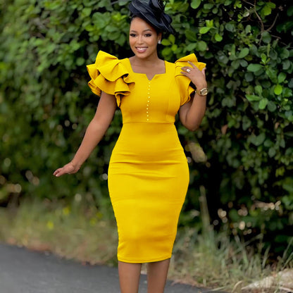 Damen Midi-Kleid Voluminöse Rüschen Perlendetails Norvielle