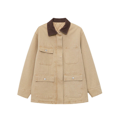 Damen Utility-Jacke Lässig Praktische Taschen Umschlagbarer Kragen