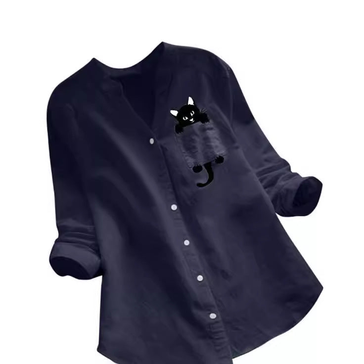 Damen Bluse Katzenmotiv Baumwolle Trendig