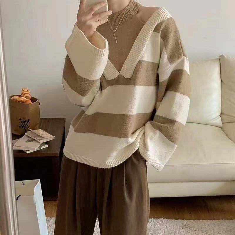 Damen Pullover Streifenmuster Baumwolle Schulterfrei Beige