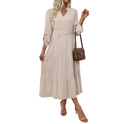 Damen Maxikleid V-Ausschnitt Taillierter Gürtel Norvielle