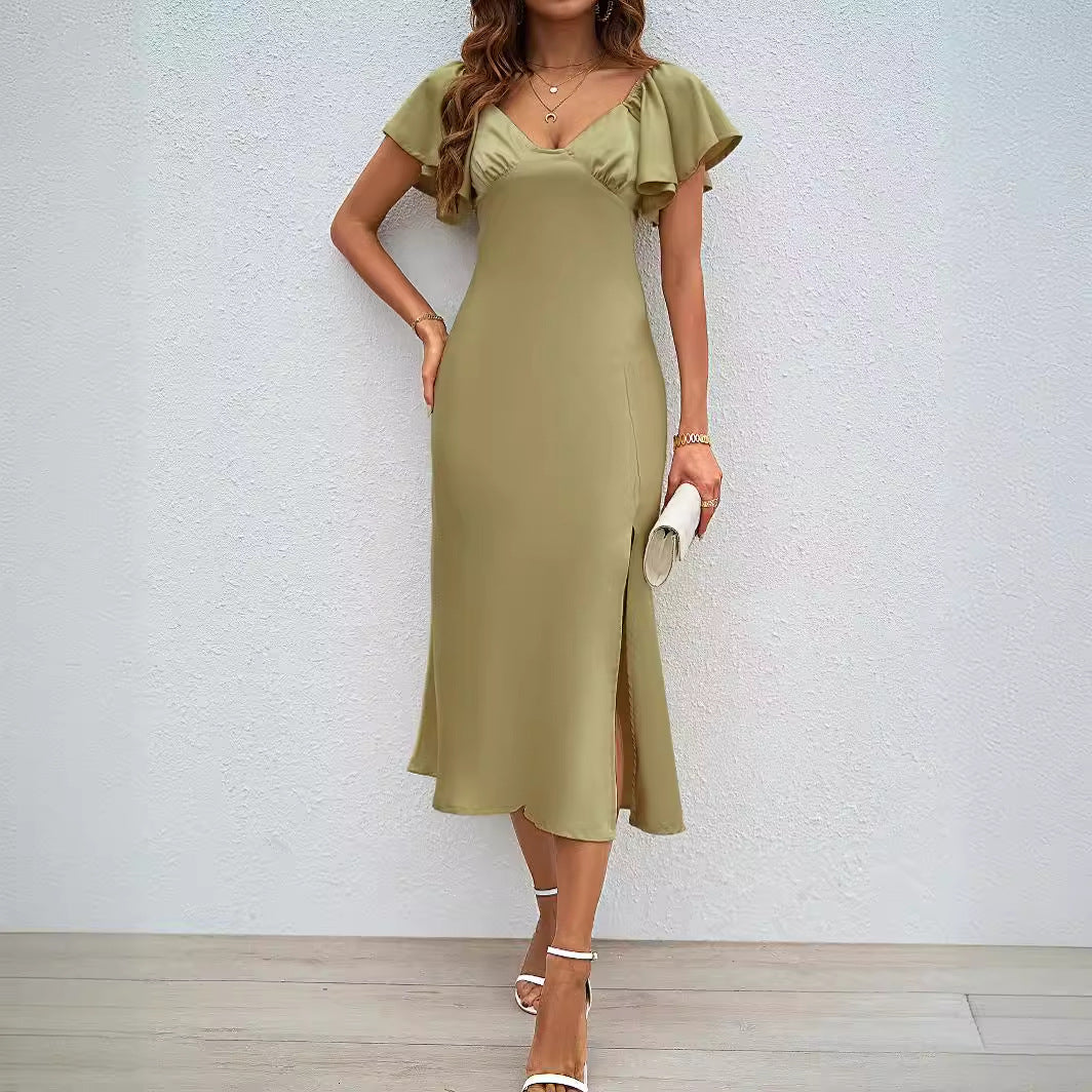 Damen Maxikleid Voluminöse Rüschenärmel Seitlicher Schlitz Norvielle