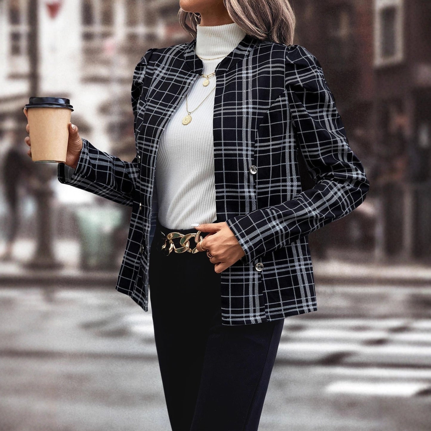 Damen Blazerjacke Kariert mit Knöpfen weiß