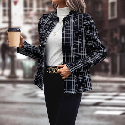Damen Blazerjacke Kariert mit Knöpfen weiß