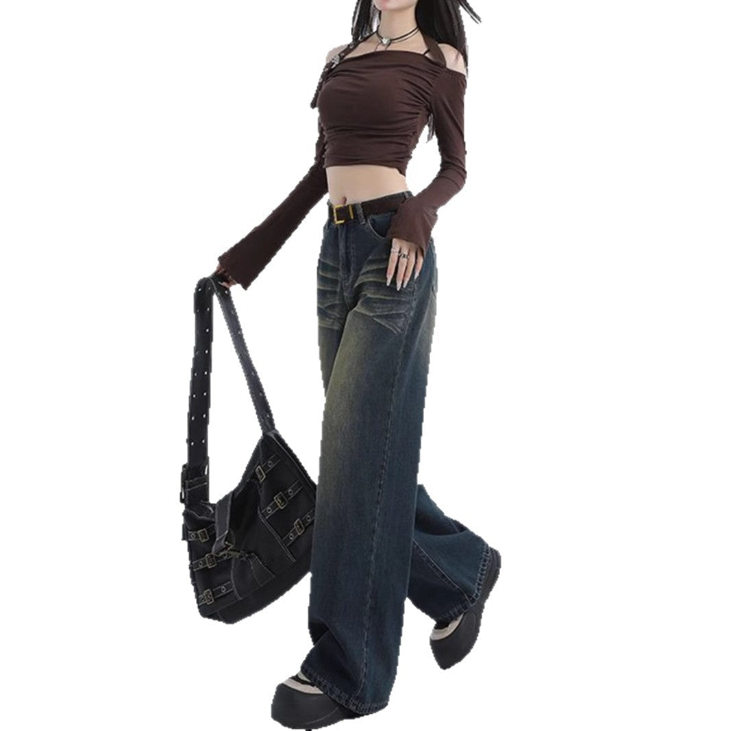Damen Weite Jeans Hochbund Modische Waschung