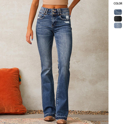 Damen Flared Jeans Hochtaillierte Destroyed Details Blau - Norvielle
