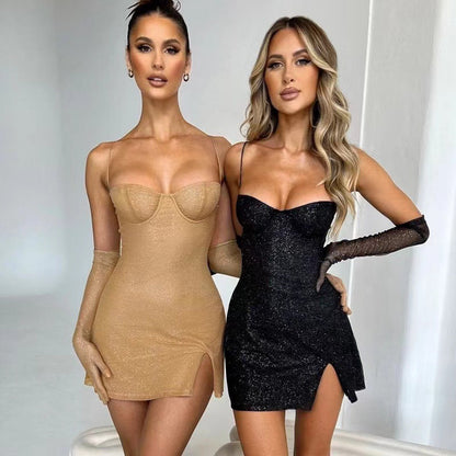 Damen Minikleid Schimmerndes Oberteil Taillierte Silhouette Norvielle