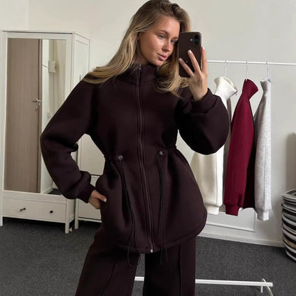 Damen Fleece-Sportanzug Hoher Kragen Tunnelzug-Design