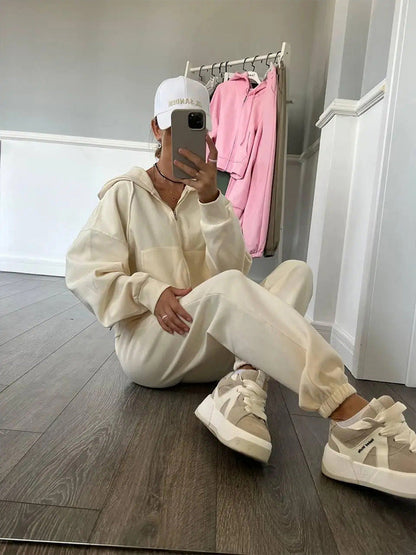 Damen Fleece-Jogginganzug Reißverschluss Kapuze Norvielle