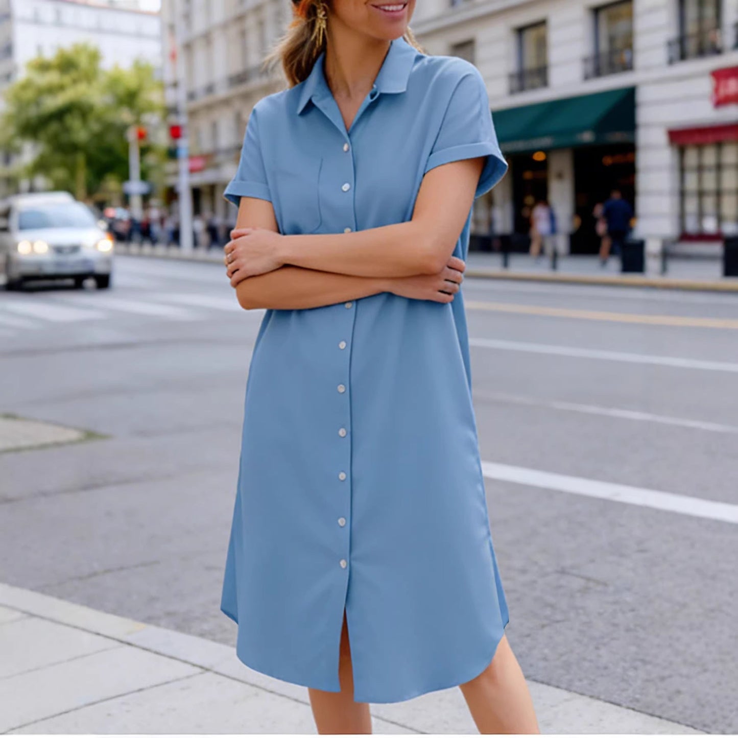 Damen Baumwollkleid mit Knöpfen und Taschen Norvielle - Norvielle