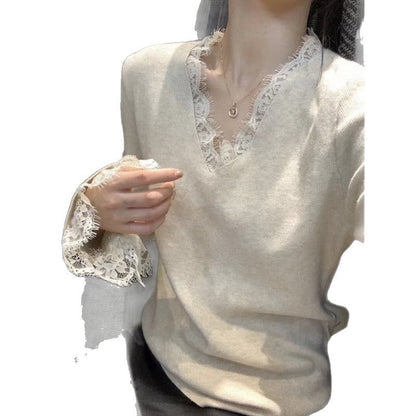 Damen Strickpullover V-Ausschnitt Spitzenbesatz Norvielle