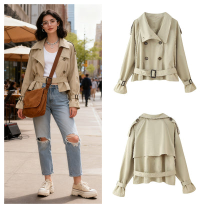 Damen Trenchcoat Jacke mit breitem Revers und Gürtel Norvielle - Norvielle