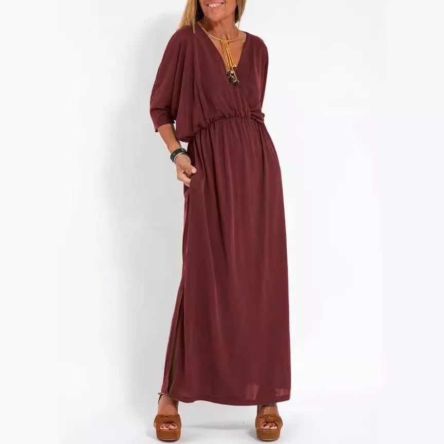 Damen Maxikleid mit Seitenschlitz und elastischem Taillenbund