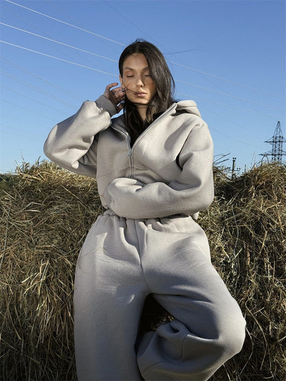 Damen Cropped Sweatjacke Jogginghose Set Baumwolle Beige