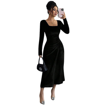 Damen Midi-Kleid Quadrat-Ausschnitt Rüschen-Detail