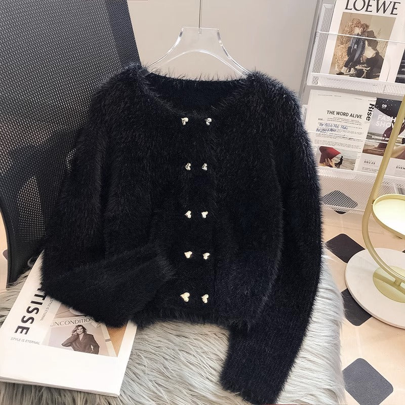 Damen Fluffy Cardigan Herzknöpfe Norvielle