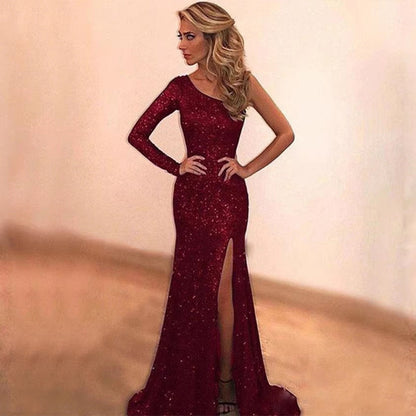 Damen Abendkleid Glitzer Asymmetrisch Hoch Beinschlitz