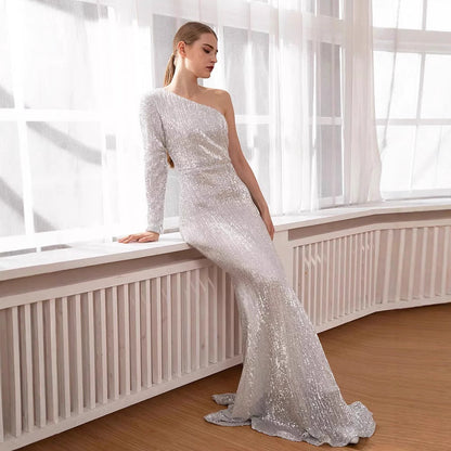 Damen Abendkleid Asymmetrischer Schnitt Glitzernd