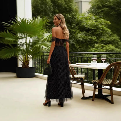 Damen Maxikleid Schulterfrei Transparente Einsätze Pünktchenmuster