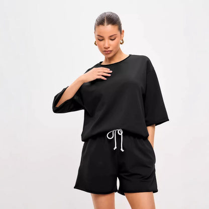 Damen Freizeitanzug-Set Baumwollmix Oversized T-Shirt und Shorts