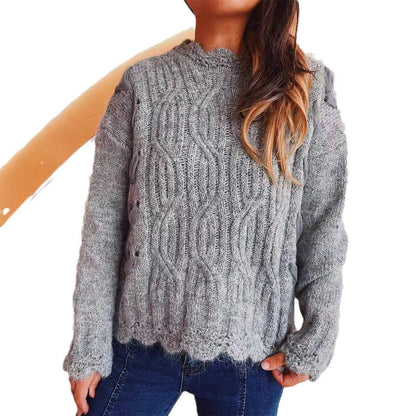 Damen Grobstrickpullover Zopfmuster Schneeflocken Applikationen