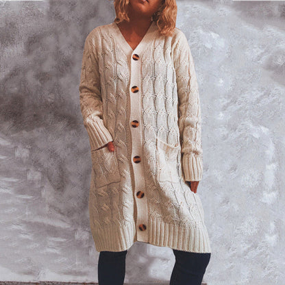 Damen Grobstrick Cardigan mit Taschen und Knöpfen Beige
