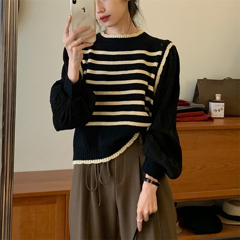 Damen Streifenpullover Puffärmel Rippdetails Norvielle