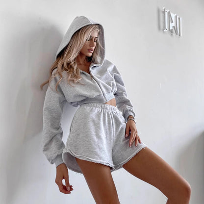 Damen Sport-Loungewear-Set Cropped Hoodie Lässige Shorts