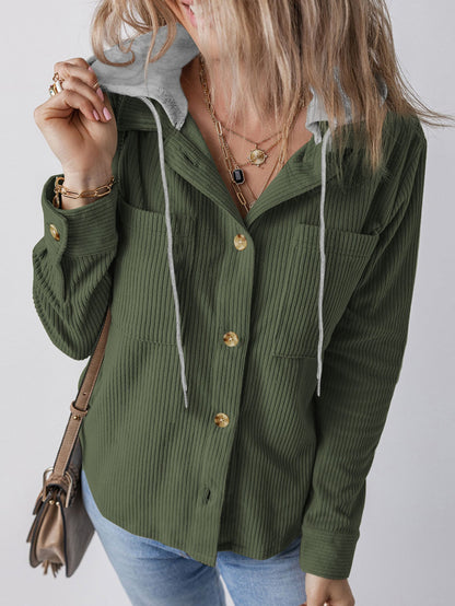 Damen Hemdjacke Gestreift Kapuze Taschen Norvielle