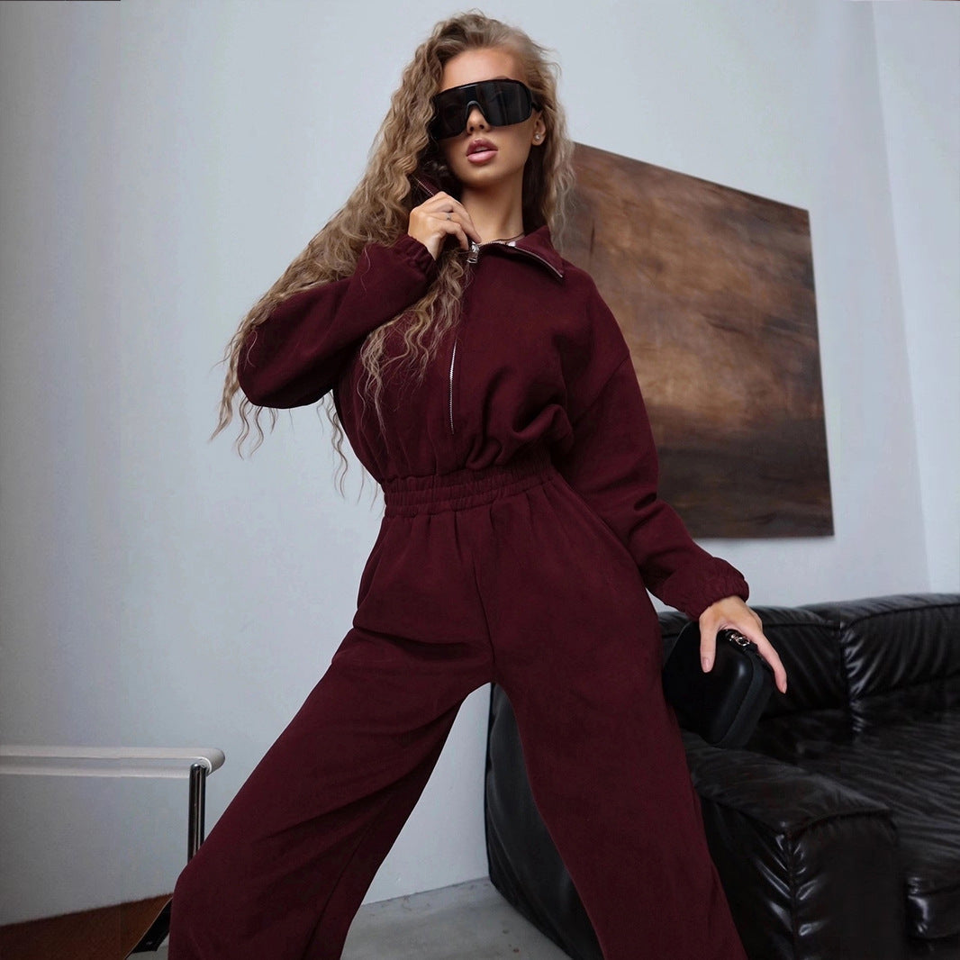 Damen Sportliches Loungewear-Set mit Stehkragen und weiten Hosen
