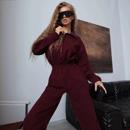 Damen Sportliches Loungewear-Set mit Stehkragen und weiten Hosen