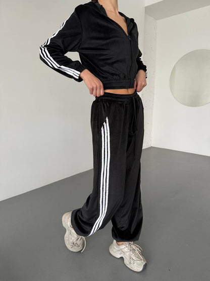 Damen Fleece Sportanzug Cropped Jacke Weite Hose Norvielle