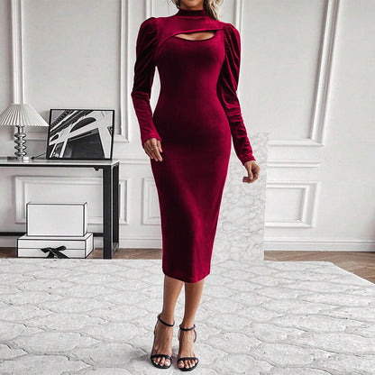 Damen Samt Midikleid Asymmetrischer Ausschnitt Puffärmel