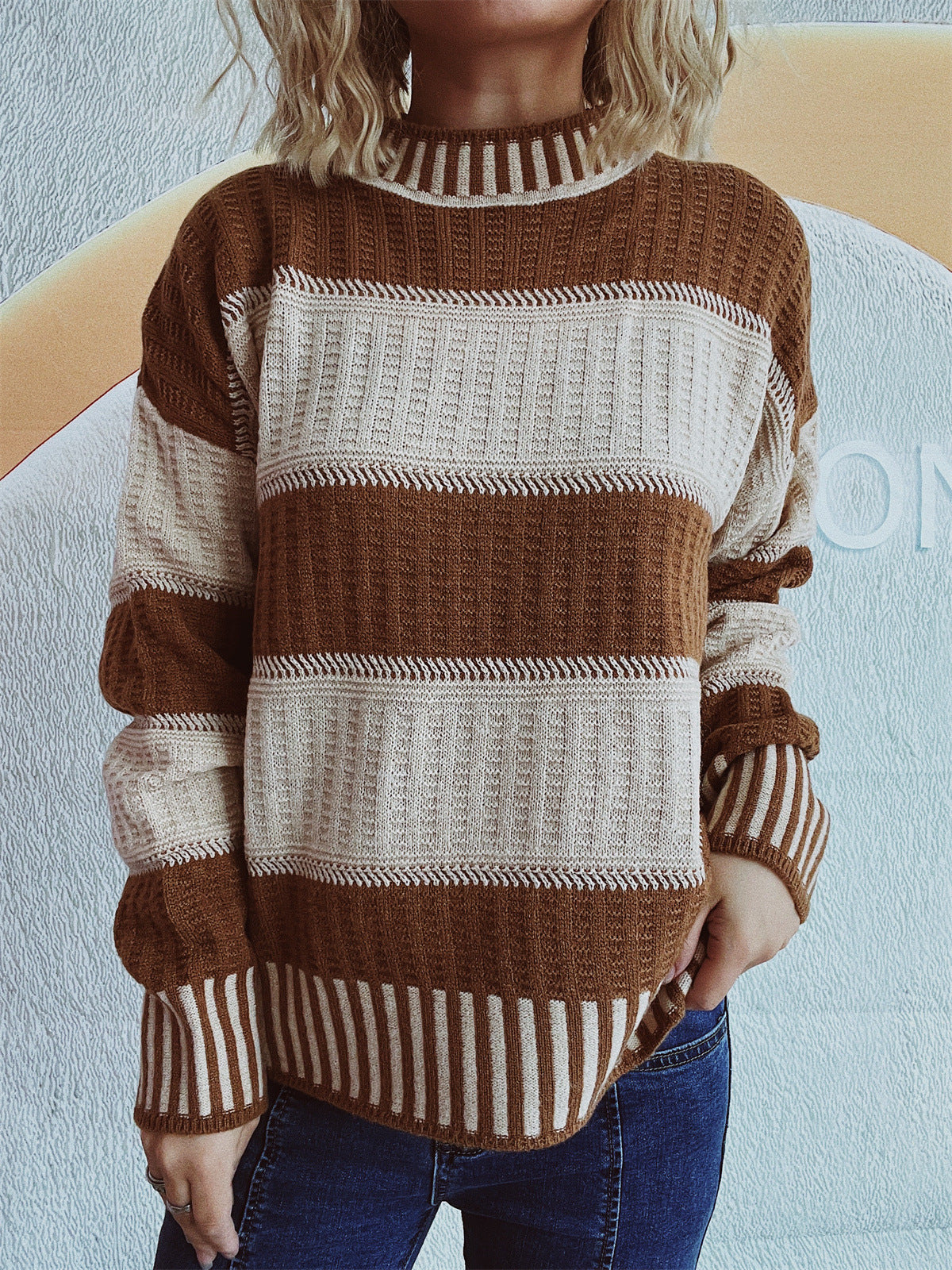 Damen Strickpullover Streifenmuster Hochbündchen Norvielle